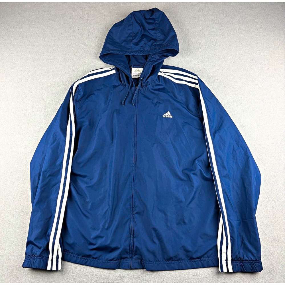 Vintage 2006 Adidas Hooded Windbreaker Jacket Men's XL Navy 3 Stripe Y2K